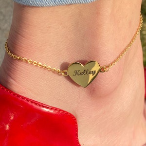tobillera de corazón de nombre de oro para ella, pulsera de cadena de tobillo de oro, joyas grabadas para mujer, accesorios personalizados, regalo único del Día de la Madre