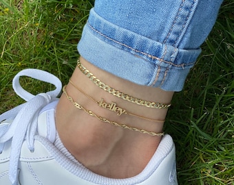 14K Gold Vermeil Ankle Jewelry Set-Custom Name Anklet-Curb Chain Anklet-Singapore Anklet-Jewelry Sets-14K Gold Jewellery Set-Personalized