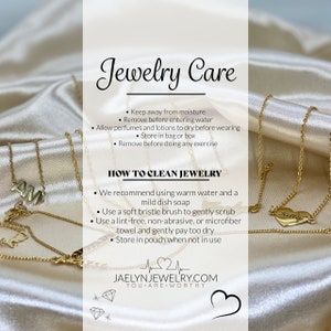 a visual inforgraphic description made by Jaelyn Jewelry describing their recommendations on jewelry care. A white text graphic box lays over a gold silk background with a gold jewelry collection laid out and displayed. Personalized necklaces, anklet