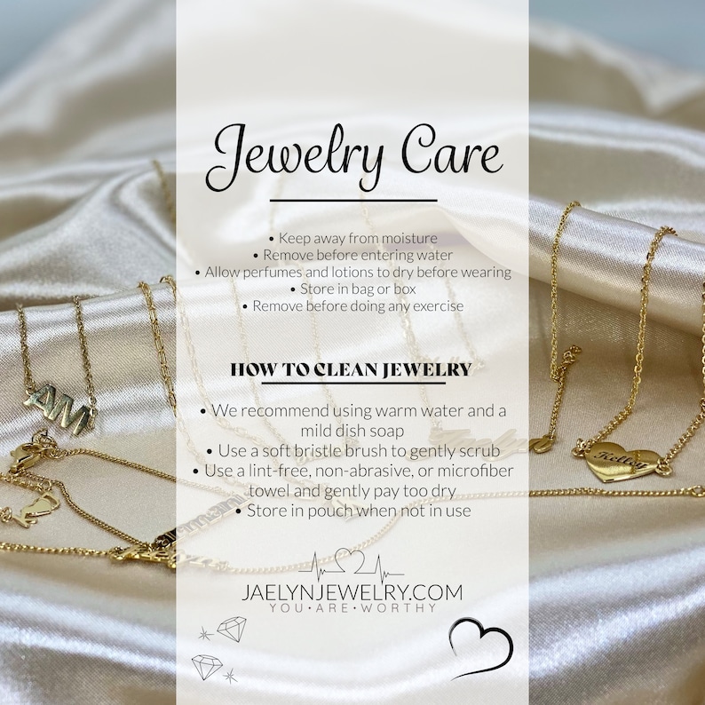 a visual inforgraphic description made by Jaelyn Jewelry describing their recommendations on jewelry care. A white text graphic box lays over a gold silk background with a gold jewelry collection laid out and displayed. Personalized necklaces, anklet