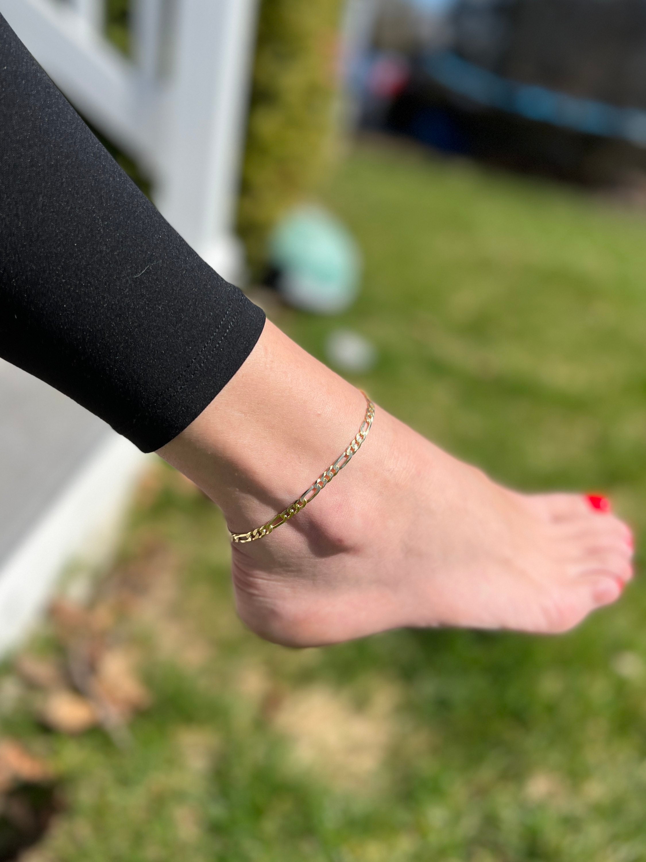 Gold Figaro Chain Anklet, Flat Figaro 9”+1” Ext, Figaro Gold Figaro Chain Anklet, Flat Figaro 9”+1” Ext, Figaro