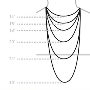 May include: A diagram showing different necklace lengths from 14 inches to 30 inches. The necklace lengths are marked with dashed lines and the numbers are in inches.