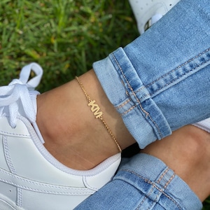 Gold Doppel Fußkettchen 21cm+1"Ext, Personalisierter Schmuck für Frauen, Geburtstagsgeschenk für Freundin, Paare Geschenke zum Jahrestag