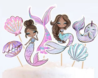 MERMAID TOPPER Cupcake Birthday Cake Topper Cake Toppers Cut Outs Girls Birthday Party Decorations Instant Download Digital printable S1 S2