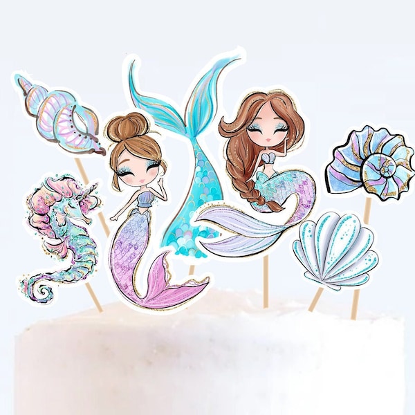 MERMAID TOPPER Cupcake Birthday Cake Topper Cake Toppers Cut Outs Girls Birthday Party Decorations Instant Download Digital printable S1 S2