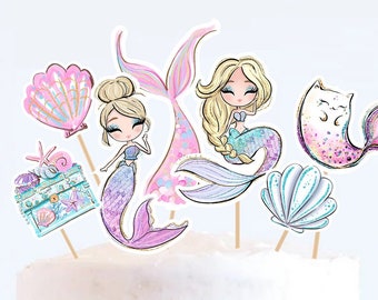 MERMAID TOPPER Cupcake Birthday Cake Topper Cake Toppers Cut Outs Girls Birthday Party Decorations Instant Download Digital printable S1 S2