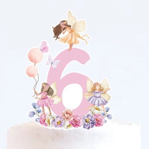 SEI FATE TOPPER Torta di compleanno Foresta incantata Ragazza Compleanno Festa Decorazioni Giardino delle fate Download immediato Stampabile digitale 0002F
