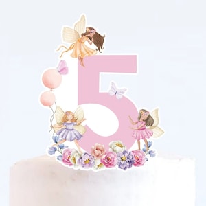 CINQUE FATE TOPPER Torta di compleanno Foresta incantata Ragazza Compleanno Festa Decorazioni Giardino delle fate Download immediato Stampabile digitale 0002F