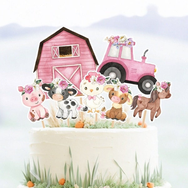 Girl Farm Centerpieces, Pink Farm party table decor, Farm girl birthday cake topper, Girl baby shower decorations,Barnyard printables FARM11