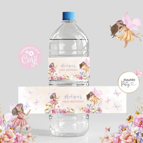 Editable Fairy Water Bottle Labels Fairy Birthday Party Girl Fairy Garden Magical 1st Whimsical Pink Download Printable Template Corjl 0002F