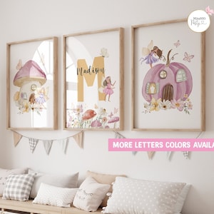 FATE MODIFICABILI set di 3 poster Fairy Garden Wall Art, nome personalizzato per bambina, stampa acquerello Fairy Nursery, Fairy Art, regalo per baby shower, PLAWR
