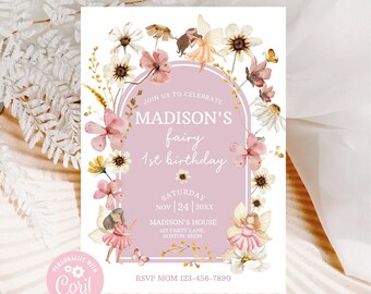 May include: A personalized invitation for a fairy-themed first birthday. The design features a lavender arch with the text "Madison's fairy 1st birthday." Floral and fairy illustrations surround the text. The invitation includes the date, time, and location.