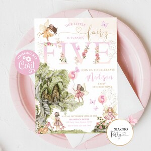 May include: Pink and green fairy-themed birthday invitation with a watercolor illustration of a fairy house, butterflies, and fairies. The text reads "Our little fairy is turning five. Join us to celebrate Madison fairy 5th birthday. Sunday, September 12th at 2pm. Madison's House 123 Party Lane, Boston, 50100. RSVP 123-456-7800. Niaxnio Party."