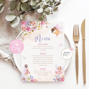 Bewerkbaar sprookjesmenu, feeënverjaardag, instant download, feeënverjaardagsfeestdecoraties, sprookjestuin babyshower decor 0002F