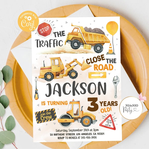 Construction Invitation, Construction Birthday Invitations, Dump Truck Party Invite, Printable template Digital Instant download K1