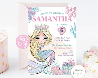 Watercolor Mermaid Birthday Invitation: Editable Template (Digital Download)
