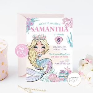 Mermaid Birthday Invitation Template, Modern Mermaid, Editable Mermaid Watercolor Invitation, Girl Birthday,INSTANT DOWNLOAD S1