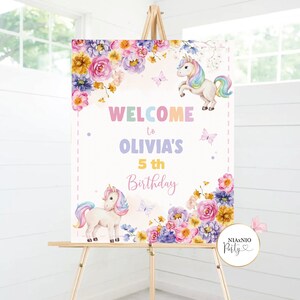 Editable Unicorn Welcome Sign Pastel Unicorn Birthday Door Sign Rainbow Girl Magical Party Sign Poster Pink Template PRINTABLE UNI1111