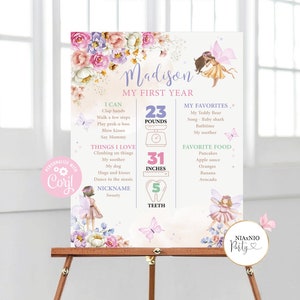 Editable Fairy 1st Birthday Milestone Poster: Floral Stats Sign (Digital Download)