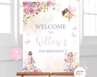 Cartello di benvenuto modificabile per il compleanno delle fate: festa della principessa floreale (download digitale)