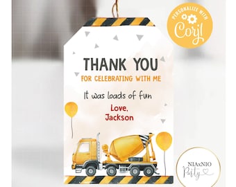 Editable Construction + Square Favor Tags Dump Truck Digger Excavator Construction Birthday Party Favor Tags Instant Download K1