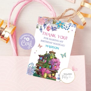 Bearbeitbare LA FAMILIA Tags Verzaubertes Haus Geburtstag Dankeschön Tags Label Mädchen Garten Geschenkanhänger Download Vorlage DRUCKBARE Babyparty FAM1
