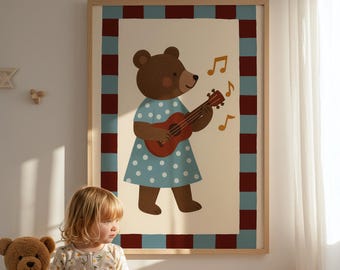 ギターを弾く素朴なクマのウォールアート - ヴィンテージ音楽愛好家