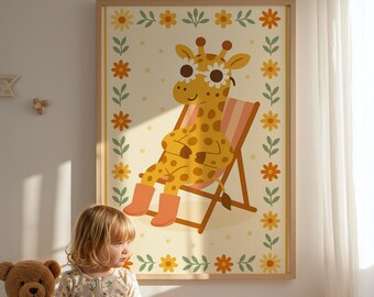 Giraffe in Sunglasses Print: Retro Nursery Art, Playroom Animal Illustration (Digital Download)