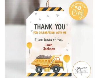 Editable Construction + Square Favor Tags Dump Truck Digger Excavator Construction Birthday Party Favor Tags Instant Download K1