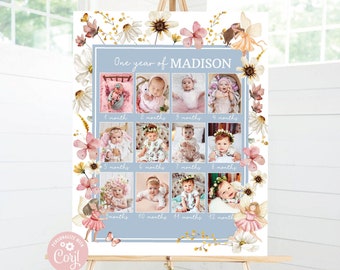 Editable Fairy Baby's First Year Photo Poster Milestone Daisy 1st Year Photo Collage Fairy Party 12 Month Instant Download W5555