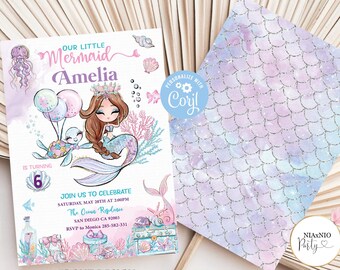 May include: A printable invitation for a little mermaid themed birthday party. The invitation features a cartoon mermaid with a crown, holding balloons and riding a sea turtle. The text on the invitation reads "Our Little Mermaid Amelia is turning 6. Join us to celebrate Saturday, May 20th at 2:00PM The Ocean Residence San Diego CA 92003 RSVP to Monica 285-582-331".