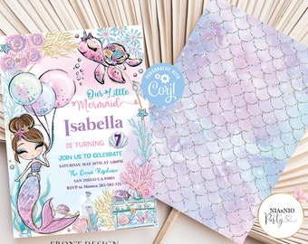 May include: A mermaid-themed birthday invitation with a cartoon mermaid holding balloons. The invitation is pink and blue with glitter accents and says "Our Little Mermaid Isabella is turning 7".