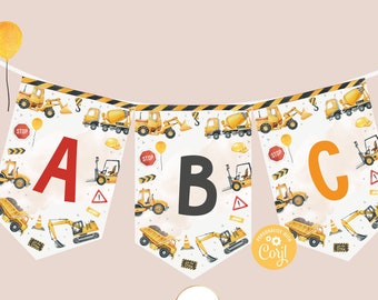May include: A construction themed banner with the letters A, B, and C. The banner is decorated with yellow construction vehicles, stop signs, and cones. The banner is personalized with the name "Cory".