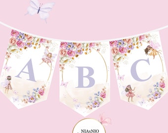 Banner de primer cumpleaños de hada: Decoración floral rosa para trona (impresión digital)