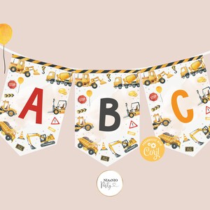 Editable Construction Birthday Banner Dump Truck Digger Excavator Construction Birthday Party A-Z Birthday Banner Instant Download K1