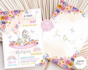 Unicorn Birthday Invitation Template, Magical Party Invite Girl Pink Pastel First Digital Unicorn Party Template, Rainbow, Editable UNI1111