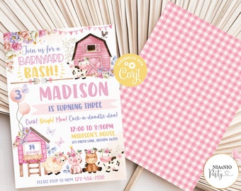 Pink Farm Birthday Invitation: Barnyard Animals Party (Editable Template)