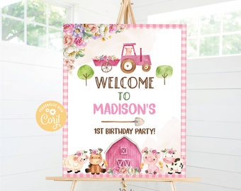 Panneau de bienvenue rose d'anniversaire de la ferme : animaux de la basse-cour, modèle fille (imprimable)