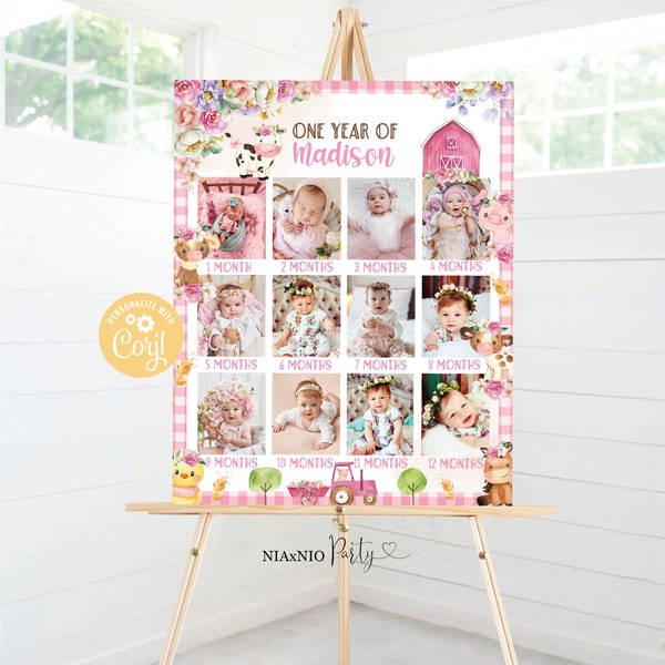 Editable First Year Baby Girl Farm, Photos Poster, Milestone First Year Collage, Baby Girl Farm Party 12 Months Instant Download FARM11