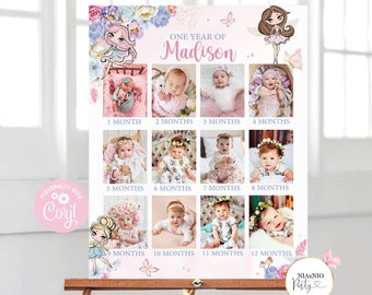 Editable Fairy Baby's First Year Photo Poster Milestone Daisy 1st Year Photo Collage Fairy Party 12 Month Instant Download W3333
