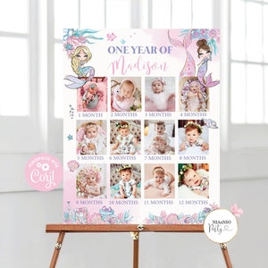 Bearbeitbares erstes Jahr Foto Poster des Mermaid Babys Meilenstein 1. Jahr Foto, Collage Meerjungfrau Party 12 Monate sofortiger Download S1
