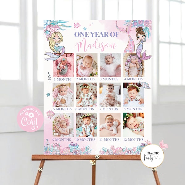 Editable Mermaid Baby's First Year Photo Poster Milestone  1st year photo , collage mermaid party 12 month instant download S1