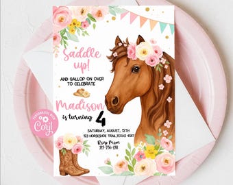 May include: A party invitation with a watercolor illustration of a brown horse wearing a floral crown. The invitation reads "Saddle up!" and "Madison is turning 4." The design includes pink, yellow, and green floral accents and a pair of cowboy boots.