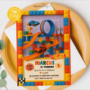 May include: A colorful birthday party invitation with a race car theme. The invitation features a race track design made of toy blocks, with the text "Marcus is turning 5". Includes the text "Start your engines!"