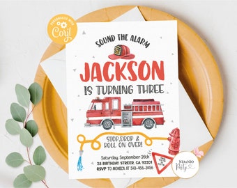 Editable Fire Truck Birthday Invitation: Personalized Party (Digital)