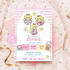 PRINCESS PEACH-verjaardagsuitnodiging | Verjaardagsuitnodiging | Super Mario-uitnodiging | Bewerkbare afdrukbare Mario-verjaardagssjabloon MAR11