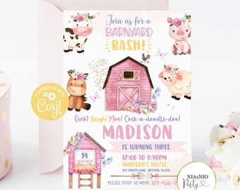 Editable Farm Birthday Invitation Girl Farm Animals Pink Floral ...