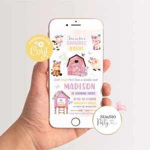 May include: A pink and yellow digital invitation for a barnyard bash birthday party. The invitation features a pink barn, a horse, a cow, a pig, and a sheep. The text on the invitation reads "Join us for a Barnyard Bash!" and "Madison is turning three".