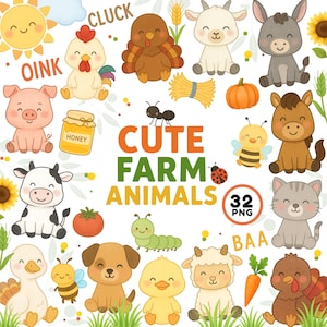 CUTE FARM ANIMALS set - Animal clip art, Farm baby shower, Birthday, Watercolor farm landscape png, Cute animals