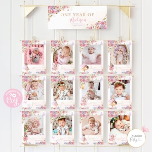 Bearbeitbare Fee Babys erstes Jahr Foto Poster Meilenstein 1. Jahr Foto Collage Fee Party 12 Monat Banner Sofort Download 0002F